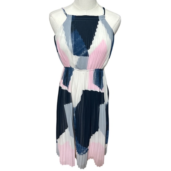 Banana Republic Petite Pleated Midi Dress Abstract Colorblock Sz 4P - Picture 2 of 7
